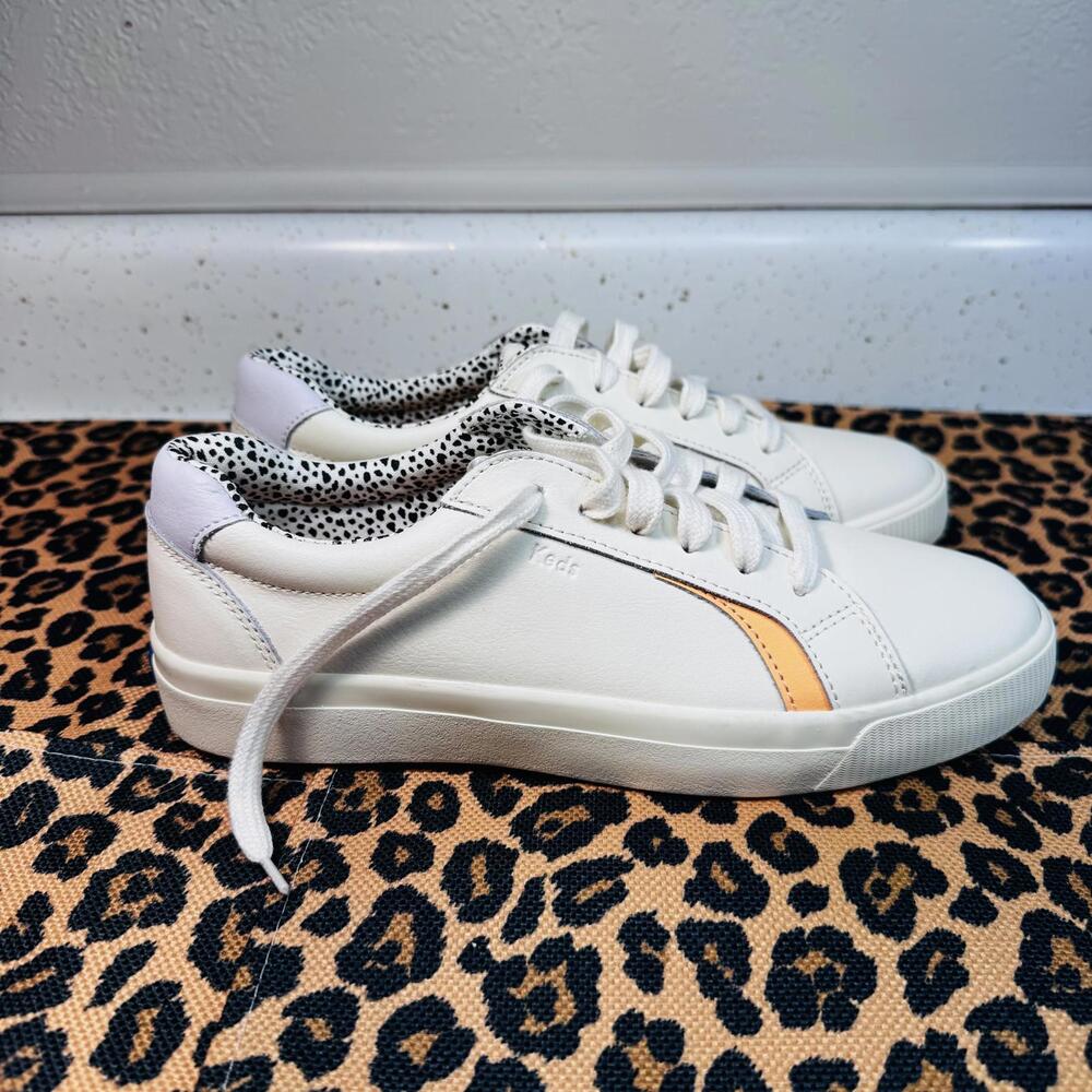 Keds Women's Pursuit White Leather Sneakers Leopard Print Lining NWOT Size 8.5